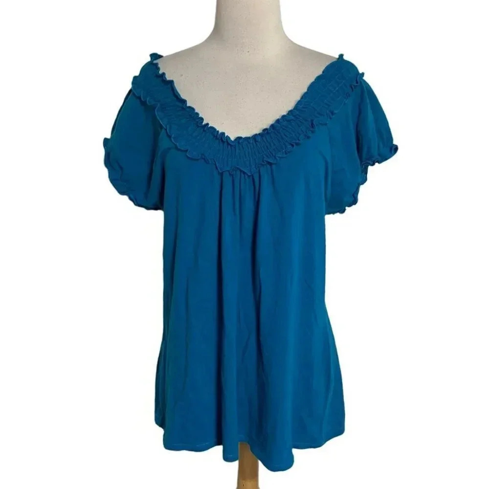 American City Wear Blouse 2X Teal Blue Smocked Ruffle V-Neck Puff Sleeve Top
